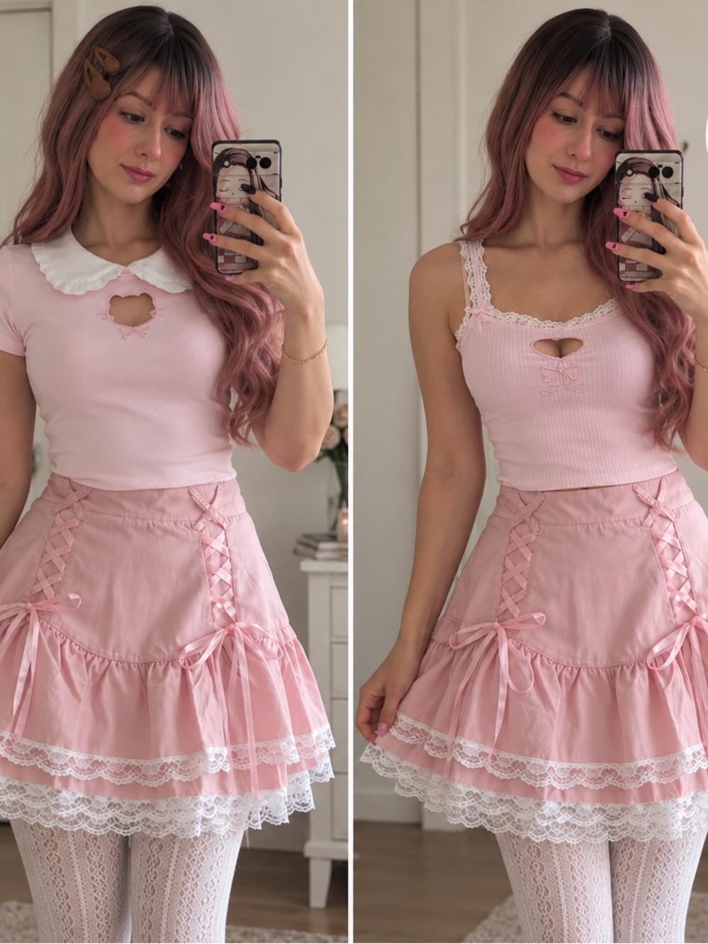 Pink Lace-Trim Tiered Mini Skirt with 2 pink tops kawaii
